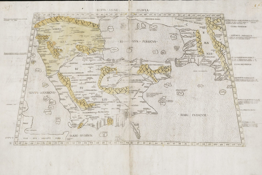 Ptolemy’s 1478 world map shows the Arabian Peninsula and Persian Empire, with the body of water labeled “Sinus Persicus” (Persian Gulf) at top center. Ancient geographers consistently named it for Persia, not Arabia. Ptolemy’s 1478 world map shows the Arabian Peninsula and Persian Empire, with the body of water labeled “Sinus Persicus” (Persian Gulf) at top center. Ancient geographers consistently named it for Persia, not Arabia.
